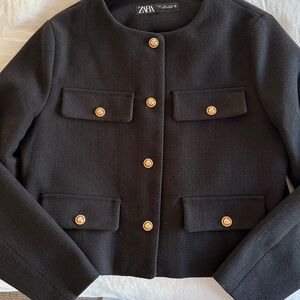 Zara Women's Elegant Black Blazer with Gold Accents